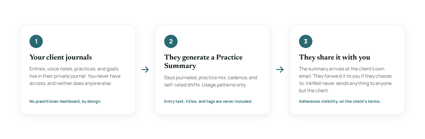 Practice Summary flow: the client journals privately, generates a usage-patterns-only summary, and forwards it to their practitioner on their own terms